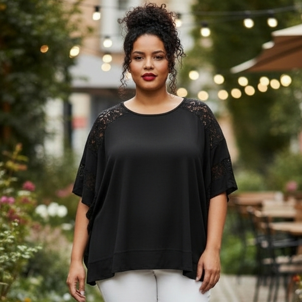 Avenue Black Lace-Trim Dolman Top